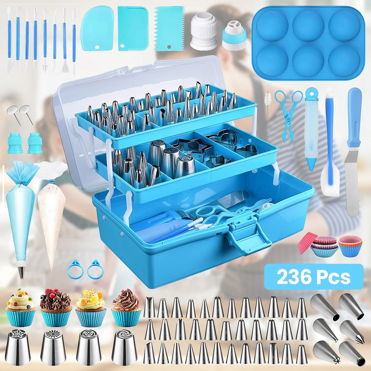 236Pcs Cake Decorating Kit Baking Tools Accessories Cake Decorating Supplies with Piping Tips Couplers and Bags Cookie Cutters Baking Cups Scrapers Fl