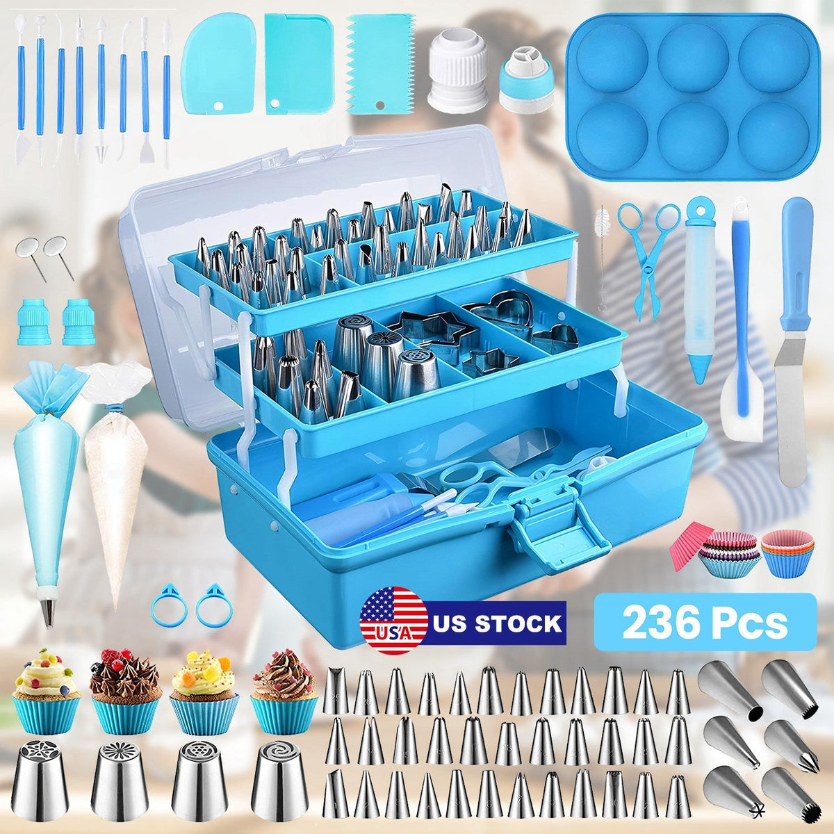 236Pcs Cake Decorating Kit Baking Tools Accessories Cake Decorating Supplies with Piping Tips Couplers and Bags Cookie Cutters Baking Cups Scrapers Fl