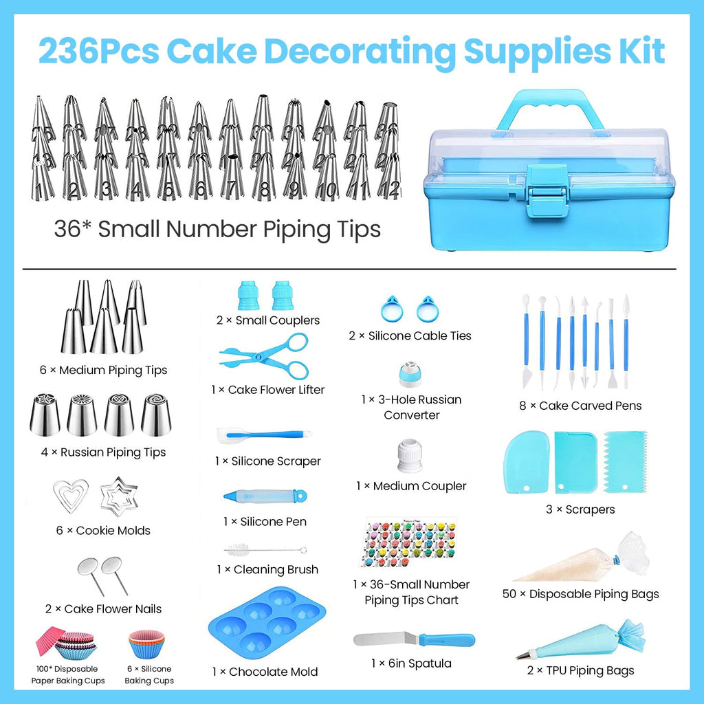 236Pcs Cake Decorating Kit Baking Tools Accessories Cake Decorating Supplies with Piping Tips Couplers and Bags Cookie Cutters Baking Cups Scrapers Fl